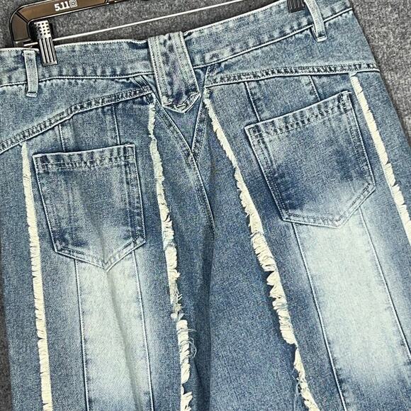 Wide Leg Jeans Womens Large Blue Denim Fringe Frayed Streetwear Baggy Distressed - Picture 6 of 12